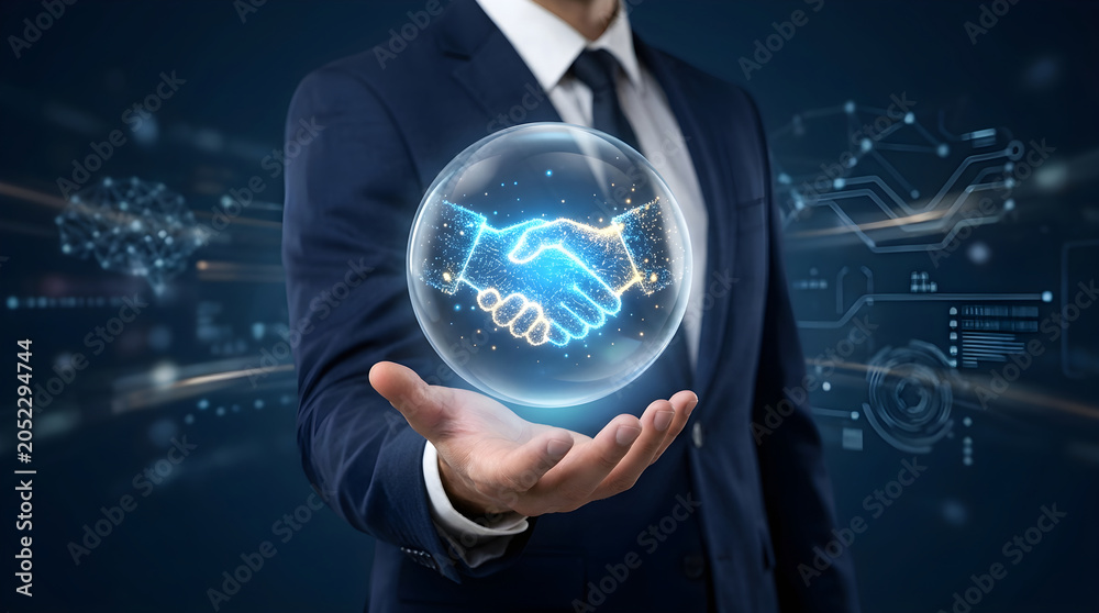 Fototapeta premium A businessman in a suit holding a floating crystal sphere containing a glowing digital handshake icon