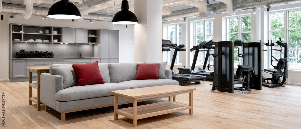 Fototapeta premium Spacious exercise studio with wooden flooring and modern interior, fitness lifestyle, wellness training, healthy environment, active living.