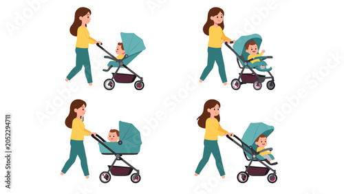 Foto Woman pushing baby strollers in different flat vector styles