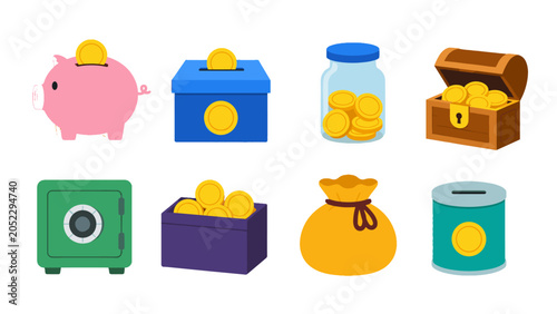 Tableau sur toile Set of savings and money storage icons in flat vector style
