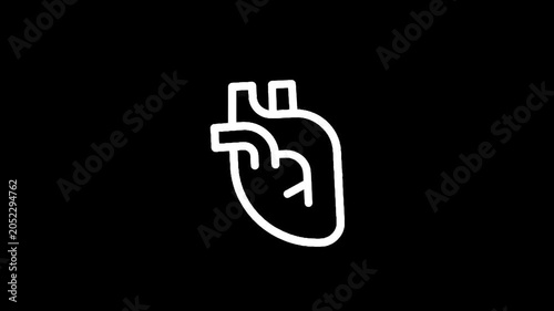 Simple white outline of a human heart on a black background, minimalist medical icon