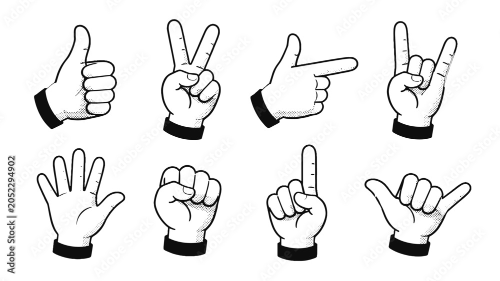 Fototapeta premium Set of cartoon hand gesture symbols in black and white