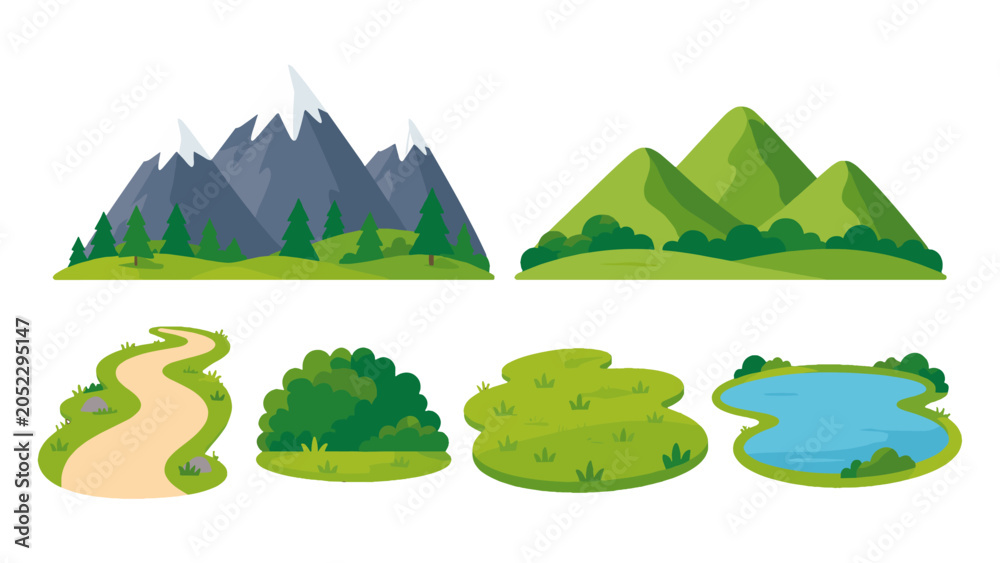 Obraz premium Cartoon landscape elements set with mountains, path, bush and pond