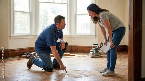 Home Renovation Concern: A man and woman inspect a damaged wooden floor, pointing out a water stain, during a home renovation project.