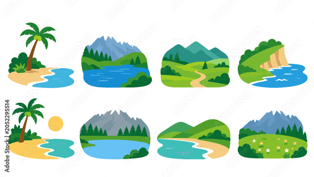 Fototapeta premium Set of flat nature landscape icons with beach mountains and lake
