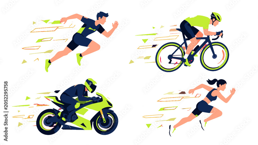 Fototapeta premium Set of fast athletes running, cycling and riding motorcycle