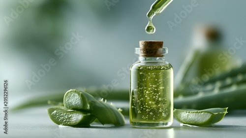 A drop of essential oil drips from a dropper into a small bottle surrounded by fresh sliced aloe vera leaves, promoting natural beauty.