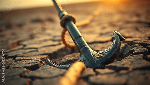taut. A massive iron ship anchor embedded in cracked earth, rope taut in golden light. safety posters, maintenance manuals, designed for industrial assembly lines and welding operations.
