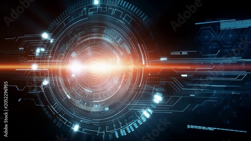 Bright lights and shapes are shown in a digital pattern with a dark background