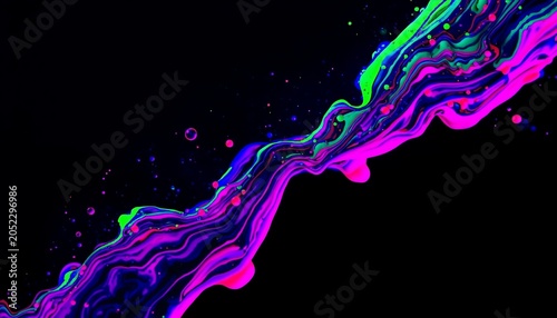 Abstract fluid art background with vibrant neon pink, purple, and green liquid paint flowing in a diagonal wave pattern on a black backdrop