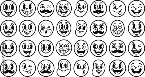Set of vintage cartoon faces, retro 1930s style mascots with various expressions, funny characters with big eyes and smiles, vector illustration