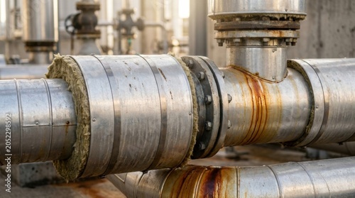 Industrial Piping System: Close-up view of weathered and rusted industrial pipes, showcasing a complex network of metal infrastructure, hinting at a history of operation and resilience.