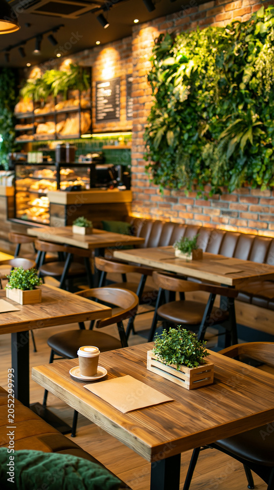 Fototapeta premium Cozy Cafe Ambiance: A warm and inviting cafe interior with rustic wooden tables, lush green vertical gardens adorning brick walls, and soft lighting creates a welcoming atmosphere for patrons.