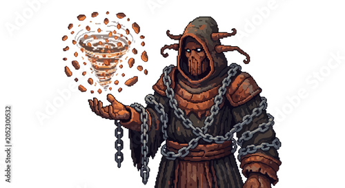 Mysterious hooded figure conjuring a swirling vortex of elemental energy.