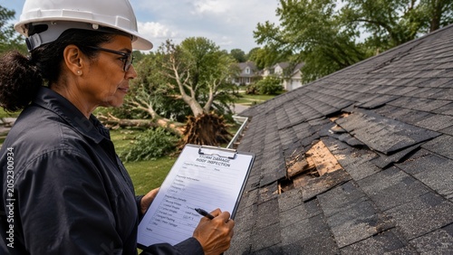 Storm Damage Roof Inspection: Inspecting roof damage from a storm for insurance purposes.