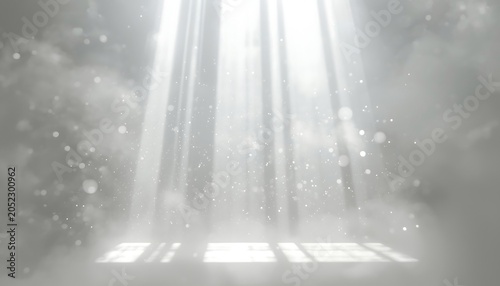 Abstract background with light rays shining through smoke or fog, mystical atmosphere with glowing particles and soft bokeh effect, cinematic lighting