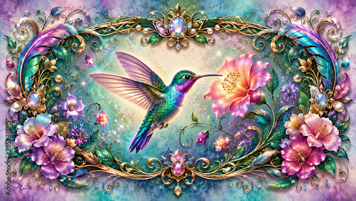 Ornate fantasy hummingbird frame with jewel details, colorful flowers, feathers and watercolor background, elegant decorative nature artwork.