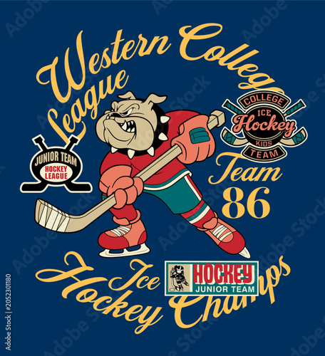 Photography Cute bulldog ice hockey player college kids team vintage cartoon vector print fo