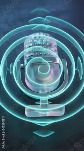Animated microphone icon with pulsing sound waves.