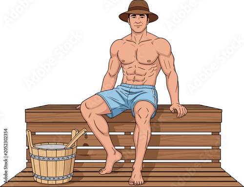 Quadro su tela Muscular Man Relaxing in Sauna Illustration Featuring Wellness Spa Therapy Steam
