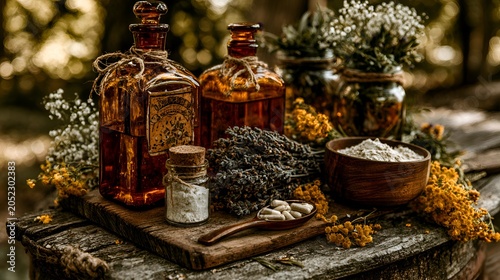A rustic wooden table displays herbal medicine, bottles, dried herbs, and natural remedies for alternative health treatments in nature.