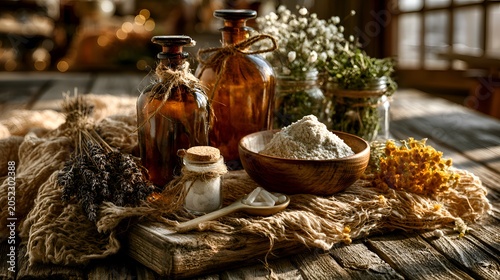 Rustic still life composition showcasing vintage bottles, dried herbs, wooden bowl with powder, and natural ingredients on a burlap draped surface.