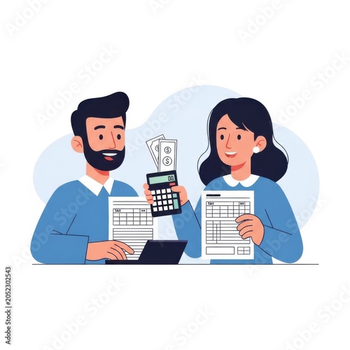 Two smiling individuals, a man and woman, collaboratively reviewing financial documents and using a calculator with currency, signifying teamwork in budgeting and accounting management