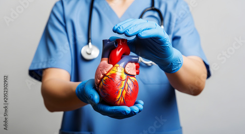 Medical professional in blue scrubs holds anatomical heart model with blue gloves anatomy