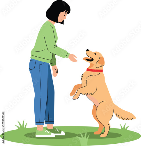 Woman Training Dog Illustration Featuring Pet Obedience Training Positive Reinforcement Handshake Command and Companion Animal Care Concept