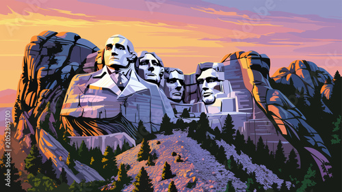 Obraz na plátně Majestic Mount Rushmore National Memorial at sunrise, showcasing the iconic presidential sculptures carved into the granite mountainside