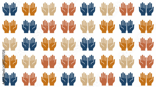 Diverse hands raised pattern in various skin tones for unity
