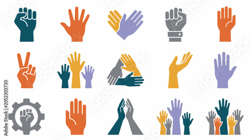 Diverse hand gesture icons in flat colorful style for community and empowerment themes.