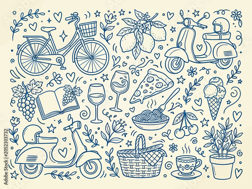 Whimsical illustration of leisure activities and food
