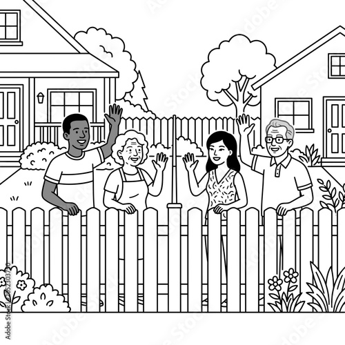 Diverse multiracial neighbors waving at each other over a wooden garden fence.