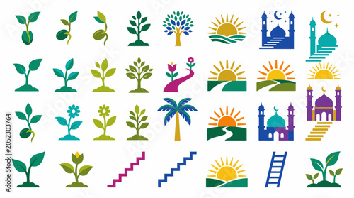 Diverse icon set featuring nature growth sun and Islamic mosque architecture.