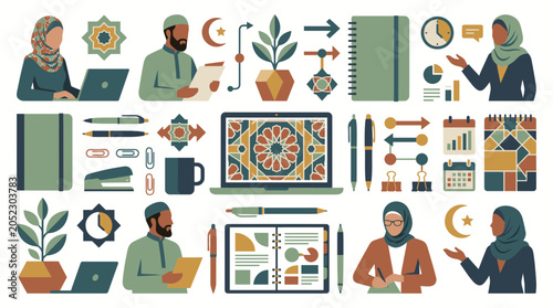 Diverse Muslim professionals working in a modern office with creative stationary icons.
