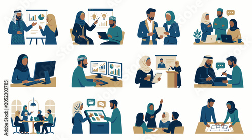 Diverse Muslim professionals working in modern office and meeting room settings.
