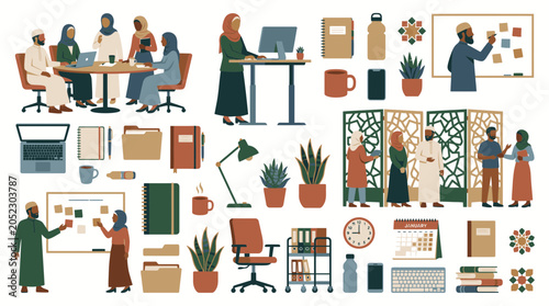 Diverse office environment and business professional illustrations.