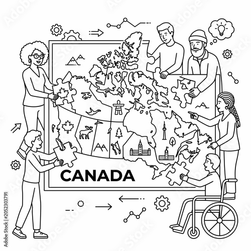 Diverse People Assembling Canada Map Puzzle Pieces Line Art.