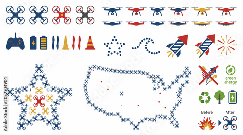 Drone light show technology icons featuring formations fireworks and remote controllers