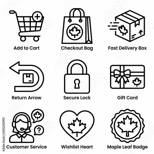E-commerce shopping icons with Canadian maple leaf branding for online retail.