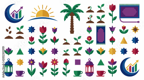 Eclectic set of icons for gardening growth and Islamic spiritual observance.