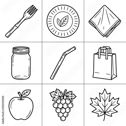 Eco-friendly kitchenware and healthy food outline icon set.