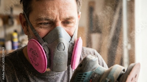Woodworker with Respirator Sanding Wood: A craftsman meticulously sands a piece of wood, his face obscured by a protective respirator, emphasizing the detailed and often dusty nature of woodworking.
