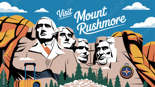 A vibrant, retro-style illustration of Mount Rushmore, showcasing the iconic presidential carvings, with a suitcase, pine trees, and a compass, promoting travel and tourism.