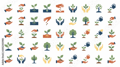 Environmental growth and gardening care icon set with hands.