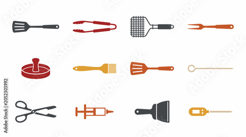 Essential barbecue tool set icons including spatula tongs and grill accessories on white.