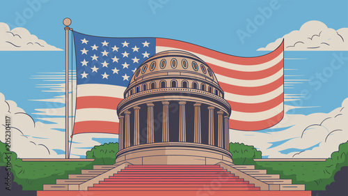 A cartoon illustration of a grand domed government building with classical columns and a large American flag waving in the background under a blue sky.