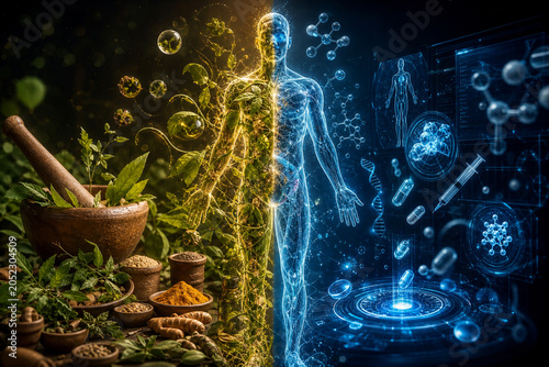 split-view of human silhouette Ayurvedic herbal, botanical elements with laboratory science, DNA strands, pills syringe to illustrate holistic health, alternative medicine modern biotechnology