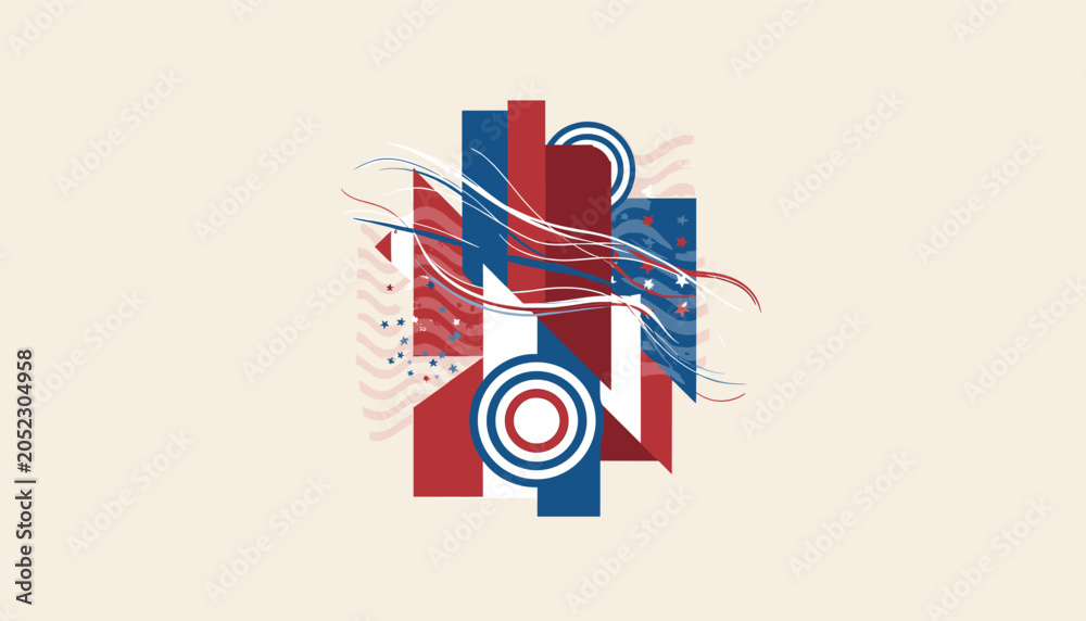 Obraz premium Abstract geometric composition with red, white, and blue elements, evoking a sense of patriotism and modern design.